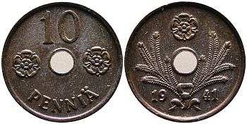 ФИНЛЯНДИЯ 10 ПЕННИ 1941 KM 33.1 медь 4387-436