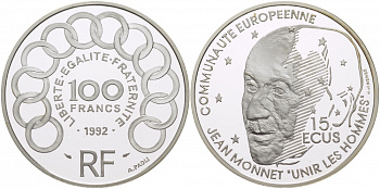 Франция 100 франков - 15 экю 1992 Жан Монне KM 1012 серебро  PROOF 04-174-42