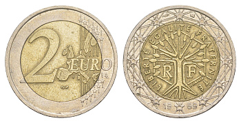 Франция 2 евро 1999 Дерево, символизирующее жизнь, непрерывность и рост KM 1289 биметалл 4629-443