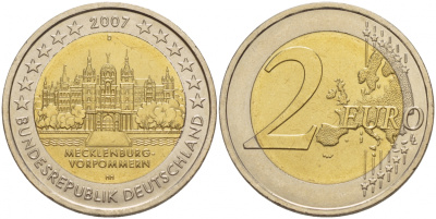 ФРГ 2 евро 2007 D, серия федеральные земли, Мекленбург-Передняя Померания, Шверинский замок KM 260 биметалл UNC 1094-6-63