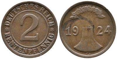ГЕРМАНИЯ 2 РЕНТЕНПФЕННИГА 1924 G KM 31, J. 307 бронза 24-624
