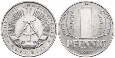 ГДР 1 ПФЕННИГ 1968 А KM 8.1 алюминий UNC 4547-962