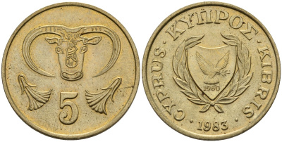 Кипр 5 центов 1983 голова быка KM 55.1 никель латунь 4141-923