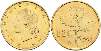 Италия 20 лир 1995 R, дубовый лист KM 97.2 алюминиевая бронза  UNC  4594-1029