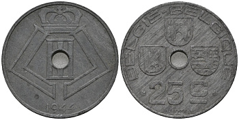Бельгия 25 сантимов 1944 Belgie-Belgique, Леопольд III (1934-1947) KM 132 цинк 4577-826