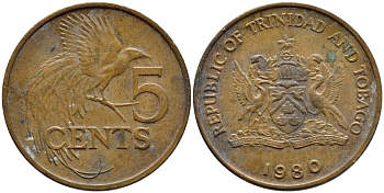 Тринидад и Тобаго 5 центов 1980 райская птица KM 30 бронза 4398-132
