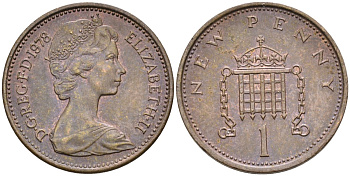 Великобритания 1 пенни 1978 Елизавета II (1952-2022) KM 915, Spink 4237 (B1) бронза 4585-868