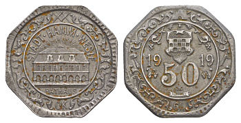 Хамм 50 пфеннигов 1919 солнечные лучи на высоте 0,5-1,0 мм над зданием мэрии Funck 191.14, Men05 10723.20, Men18 13447.20 железо 1528-145