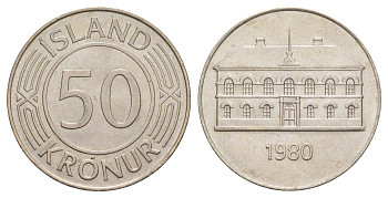 Исландия 50 крон 1980 здание парламента в Рейкьявике KM 19 медно-никель UNC 4645-443