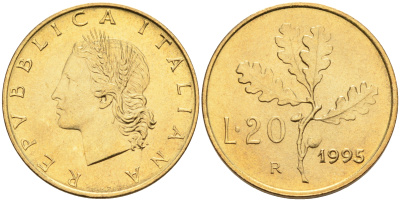Италия 20 лир 1995 R, дубовый лист KM 97.2 алюминиевая бронза  UNC  4594-1029