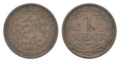 Нидерланды 1 цент 1916 Вильгельмина (1890-1948) KM 152 бронза 75-142
