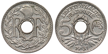 Франция 5 сантимов 1931 тип Линдайё KM 875, Le Franc 122.14 медно-никель 4124-327