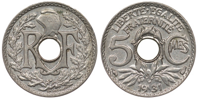 Франция 5 сантимов 1931 тип Линдайё KM 875, Le Franc 122.14 медно-никель 4124-327