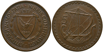 Кипр 5 милей 1971 KM 39 бронза 4573-622