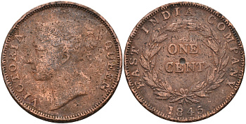 Стрейтс-Сетлментс 1 цент 1845 Виктория (1837-1901), Ост-Индская компания KM 3 медь 4590-124