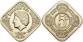 Нидерланды жетон 5 центов 1979 400 лет Утрехтской унии, 70 лет королеве Юлиане медно-никель UNC 4586-731