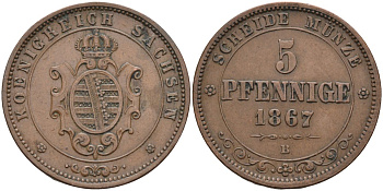 Саксония 5 пфеннигов 1867 В, Johann (1854-1873) KM 1218, AKS 151, J. 123 медь 4587-625