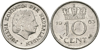 Нидерланды 10 центов 1965 Юлиана (1949-1980) KM 182 никель 96-441