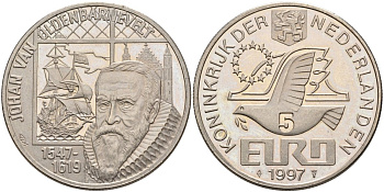 Нидерланды 5 евро экю 1997 ЙОХАН ВАН ОЛДЕНБАРНЕВЕЛЬТ (1547-1619) медно-никель 4565-531