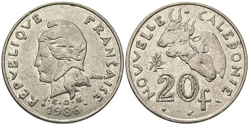 Французская Новая Каледония 20 франков 1986 три быка, (IEOM) KM 12, Schoen 14, Lec 112 никель 72-226