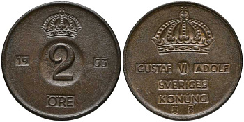 Швеция 2 эре 1953 TS, Густав VI Адольф (1950-1973) KM 821 бронза 202-627