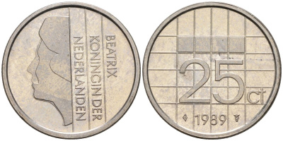 Нидерланды 25 центов 1989 Беатрикс (1980-2013) KM 204 никель UNC 4588-913