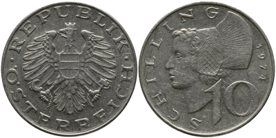 АВСТРИЯ 10 ШИЛЛИНГОВ 1974 KM 2918 никель плакированный медно-никелем 33-645