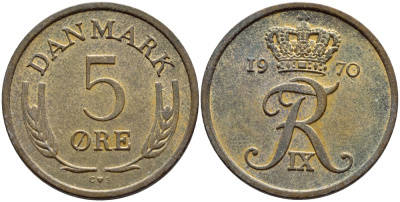 ДАНИЯ 5 ЭРЕ 1970 C; S, ФРЕДЕРИК IX (1947-1972) KM 848.1 бронза 51-1741