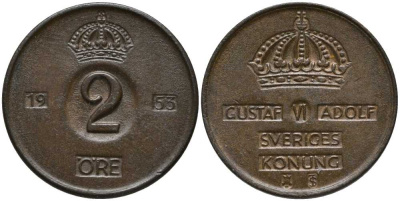 Швеция 2 эре 1953 TS, Густав VI Адольф (1950-1973) KM 821 бронза 202-627
