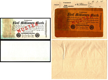 Германия 5000000 марок 1923 25 июля, MUSTER, образец, Specimen. В оригинальном банковском конверте. Из коллекции Отто Сейфферта (помощник Ялмара Шахта - министра экономики Германии и президента Рейхсбанка времен третьего рейха) Pick 95 s, Grabowski DEU 10
