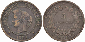 ФРАНЦИЯ 5 САНТИМОВ 1872 K, ТРЕТЬЯ РЕСПУБЛИКА (1871-1940) KM 821.2, LE FRANC 118.7 бронза 108-715