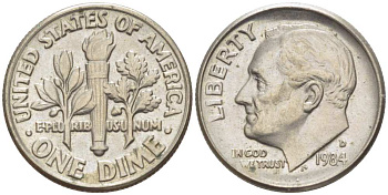 США 10 ЦЕНТОВ = 1 ДАЙМ 1984 D, РУЗВЕЛЬТ KM 195а медь плакированная медно-никелем 217-1113