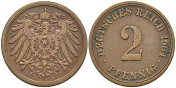 ГЕРМАНИЯ 2 ПФЕННИГА 1904 A KM 16, J. 11, Weege 4 медь 206-457