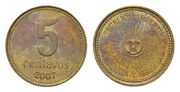 Аргентина 5 сентаво 2007 KM 109b сталь плакированная латунью 4643-948
