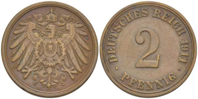 ГЕРМАНИЯ 2 ПФЕННИГА 1911 A KM 16, J. 11, Weege 4 медь 206-561