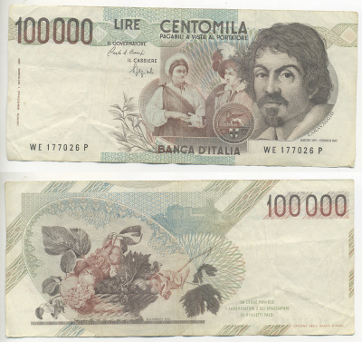 Италия 100000 лир 1983 Караваджо, фруктовый букет, подпись Stevani Pick 110а бумага 7220-5-3