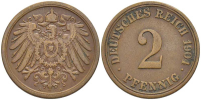 ГЕРМАНИЯ 2 ПФЕННИГА 1904 A KM 16, J. 11, Weege 4 медь 206-457