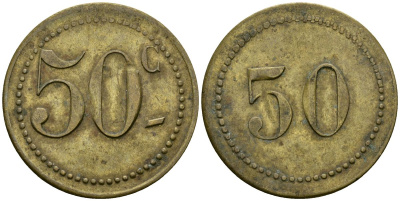 Франция 50 сантимов XIX-XX век ресторанный жетон латунь 4166-1251