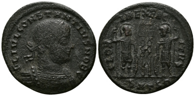 Римская Империя нуммий 335 - 336 Констанций в ранге цезаря GLORIA EXERCITVS Фессалоника Very fine (степень редкости R1) RIC 70 бронза 1073-6-73
