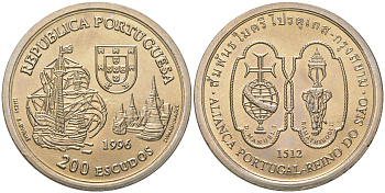 Португалия 200 эскудо 1996 Альянс Португалии и Сиама 1512 года KM 689 медно-никель UNC 4677-213