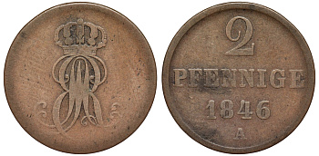 Ганновер 2 пфеннига 1846 A, Эрнст Август (1837-1851) KM 202.2, AKS 125, J. 75 медь 75-1837
