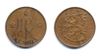 Финляндия 10 пенни 1930 республика (1918-1962) KM 24 медь 51-5323