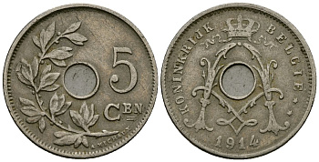 Бельгия 5 сантимов 1914 Belgie KM 67 медно-никель 4173-168