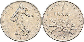 Франция 1 франк 1961 сеятель KM 925.1 никель    4177-236