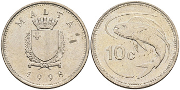 Мальта 10 центов 1998 золотая макрель KM 96 медно-никель 4588-258