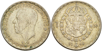 Швеция 1 крона 1946 TS, Густав V (1907-1950) KM 814 серебро 3457-421