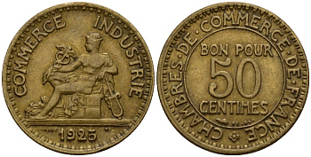 Франция 50 сантимов 1925 Тип CHAMBRES DE COMMERCE KM 884 алюминиевая бронза 4189-766
