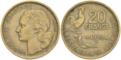 ФРАНЦИЯ 20 ФРАНКОВ 1950 В, 4 ПЕРА KM 917.2, LE FRANC 402.4 алюминиевая бронза 4556-155