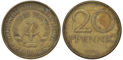 ГДР 20 пфеннигов 1969 А, первый год KM 11 латунь 62-1026