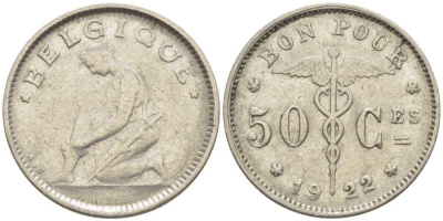 Бельгия 50 сантимов 1922 Belgique, Альберт I (1910-1934) KM 87 никель 116-969